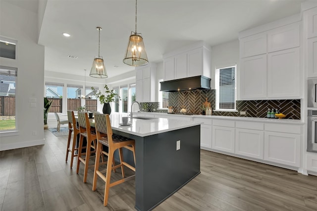 4330 Silver Spur Dr, Prosper, TX 75078 - kitchen with tasteful backsplash, wood finished floors, a sink, white cabinetry, and recessed lighting