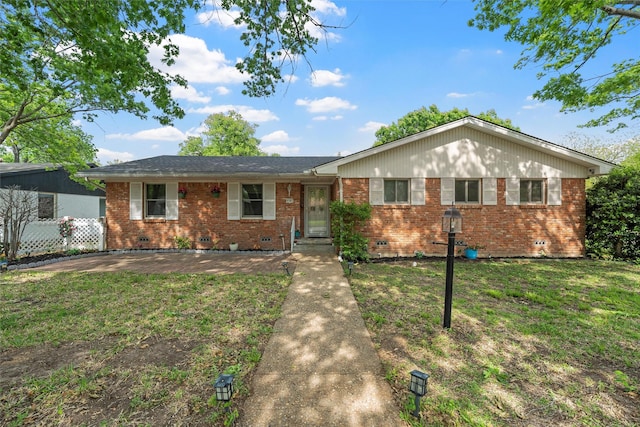 single story home featuring crawl space, a front lawn, and brick siding