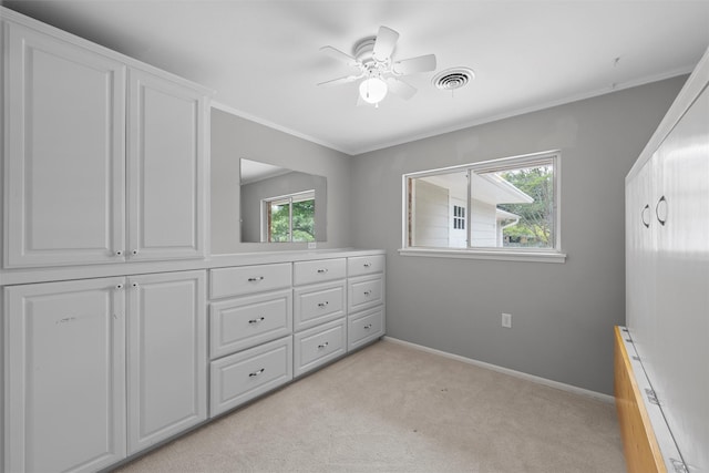interior space featuring baseboards, visible vents, light colored carpet, and multiple windows