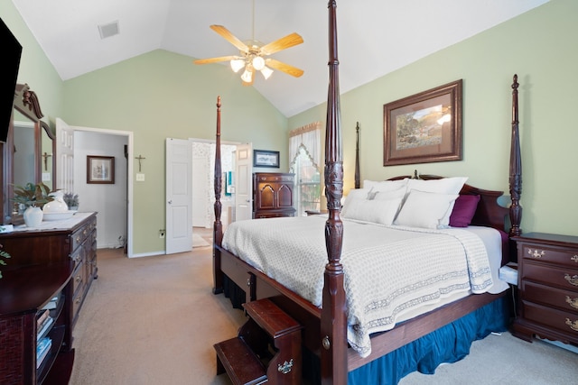 bedroom featuring high vaulted ceiling, ceiling fan, light carpet, baseboards, and visible vents