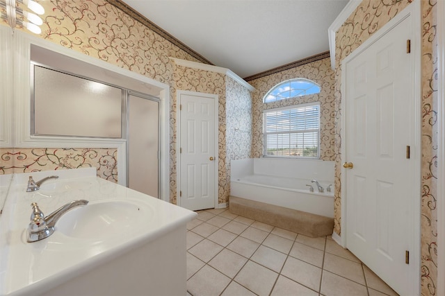 bathroom featuring wallpapered walls, a sink, ornamental molding, and tile patterned floors