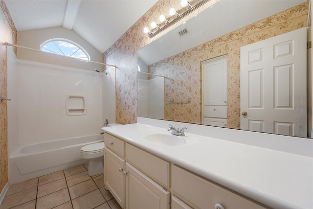 full bath featuring lofted ceiling, tile patterned flooring, visible vents, toilet, and  shower combination