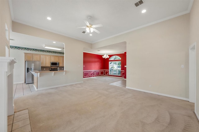 unfurnished living room featuring visible vents, crown molding, light carpet, and ceiling fan with notable chandelier