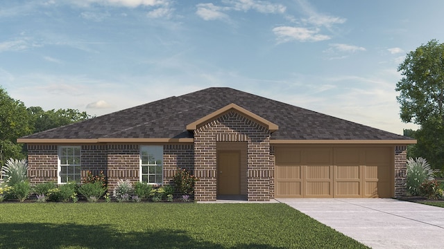 view of front of home featuring concrete driveway, a front lawn, a shingled roof, a garage, and brick siding