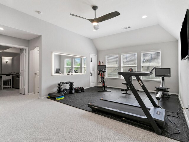 carpeted home theater with ceiling fan, visible vents, and baseboards
