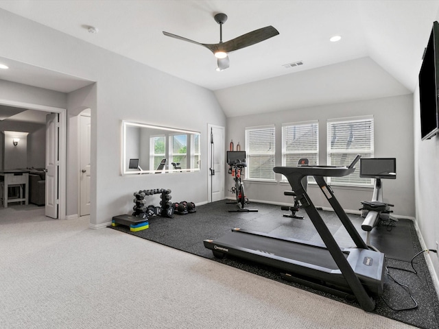 2908 Ballater Ct, The Colony, TX 75056 - exercise room featuring ceiling fan, lofted ceiling, baseboards, and recessed lighting