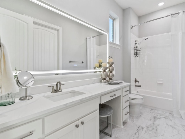 2908 Ballater Ct, The Colony, TX 75056 - bathroom with vanity, shower / bath combo, toilet, marble finish floors, and recessed lighting