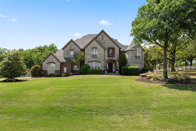 french country inspired facade featuring stone siding, brick siding, and a front yard