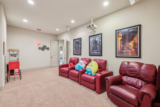 carpeted home theater with recessed lighting, baseboards, and visible vents