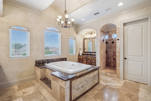 full bath with crown molding, a walk in shower, an inviting chandelier, visible vents, and a garden tub
