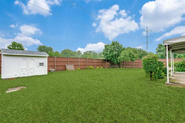 view of yard featuring an outdoor structure, a storage shed, and a fenced backyard