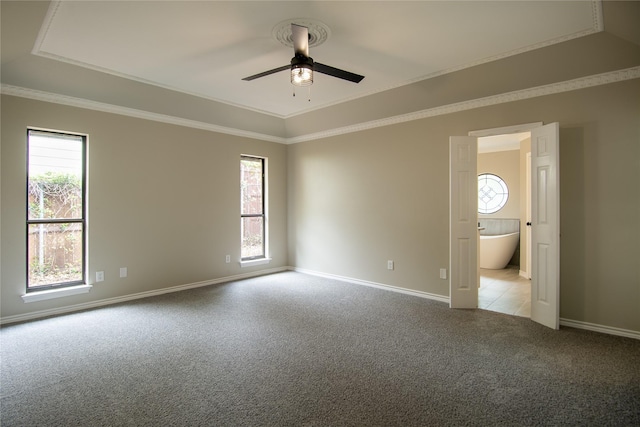 carpeted spare room with ceiling fan, baseboards, a healthy amount of sunlight, and a raised ceiling