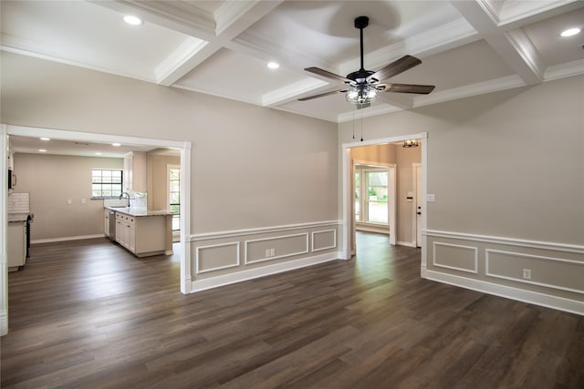unfurnished room featuring a wealth of natural light, a ceiling fan, a sink, and coffered ceiling