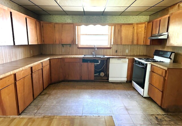 kitchen with range with gas stovetop, a sink, brown cabinetry, dishwasher, and under cabinet range hood