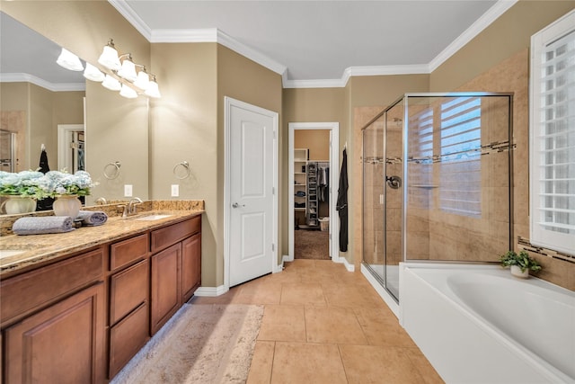 full bathroom with a sink, a shower stall, and crown molding