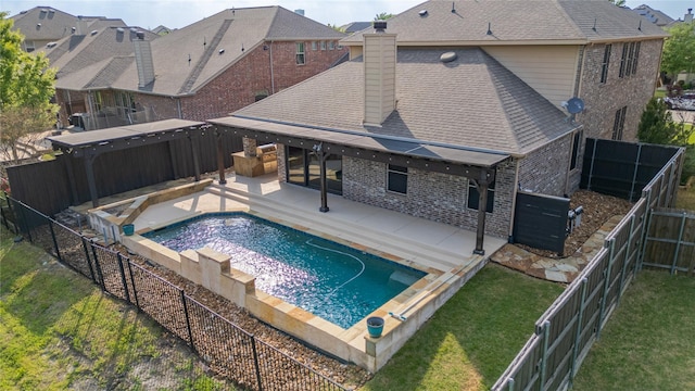 view of swimming pool featuring a fenced backyard, a hot tub, and a patio