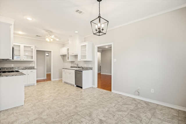 kitchen featuring stainless steel dishwasher, ornamental molding, visible vents, and ceiling fan with notable chandelier