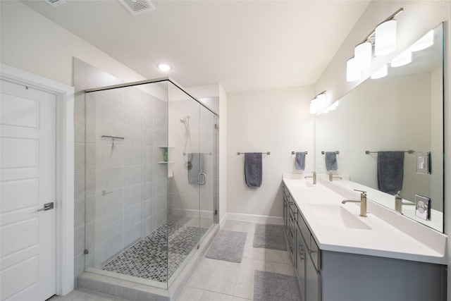 7112 Amber Grove Ct, Dallas, TX 75231 - full bath featuring a stall shower, baseboards, visible vents, and a sink