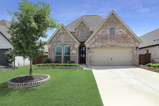 french country inspired facade with fence, concrete driveway, a front yard, and brick siding