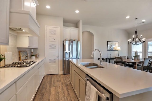 kitchen featuring decorative backsplash, a sink, appliances with stainless steel finishes, premium range hood, and wood finished floors