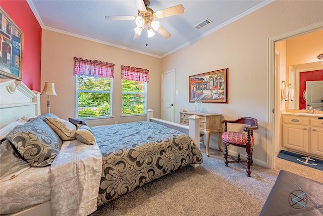 8650 Toler Pt, Larue, TX 75770 - carpeted bedroom featuring ceiling fan, crown molding, a sink, and visible vents