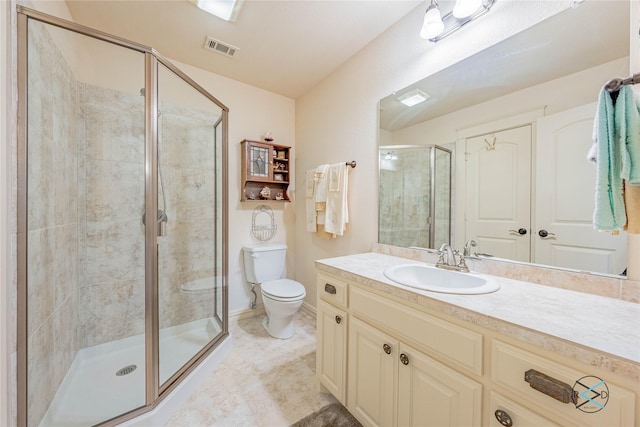 8650 Toler Pt, Larue, TX 75770 - bathroom featuring toilet, a stall shower, visible vents, tile patterned flooring, and vanity