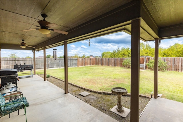 view of patio with a ceiling fan, a fenced backyard, and a grill