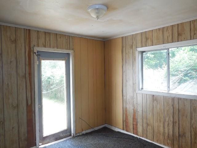 unfurnished room with wooden walls and dark colored carpet