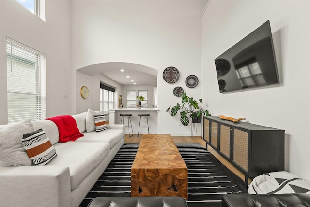 628 Claverton Ln, Forney, TX 75126 - living room featuring arched walkways, wood finished floors, a high ceiling, and baseboards