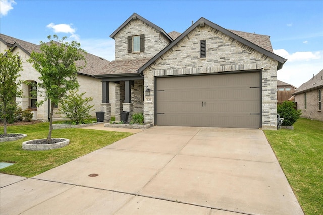 628 Claverton Ln, Forney, TX 75126 - french country inspired facade with a shingled roof, a front lawn, concrete driveway, an attached garage, and brick siding
