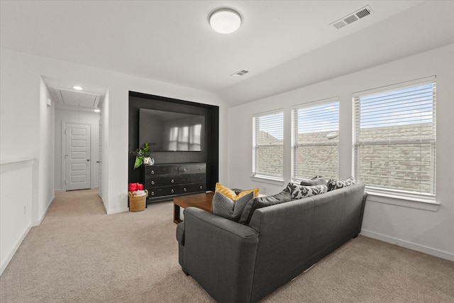 628 Claverton Ln, Forney, TX 75126 - living room with attic access, light carpet, visible vents, and baseboards