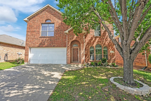 traditional-style house featuring concrete driveway, a front lawn, brick siding, and a garage