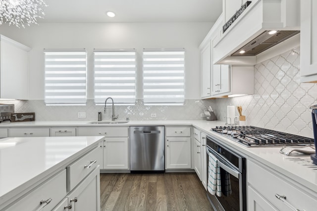 kitchen with white cabinets, dark wood finished floors, under cabinet range hood, stainless steel appliances, and a sink