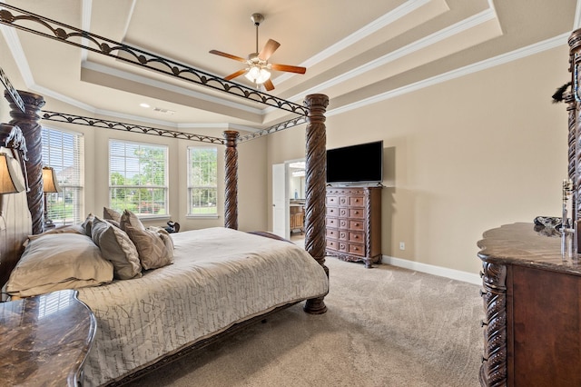 bedroom featuring visible vents, a raised ceiling, baseboards, ornamental molding, and light carpet
