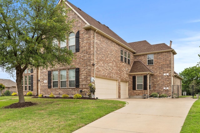 view of front of home featuring brick siding, a garage, fence, and a front yard