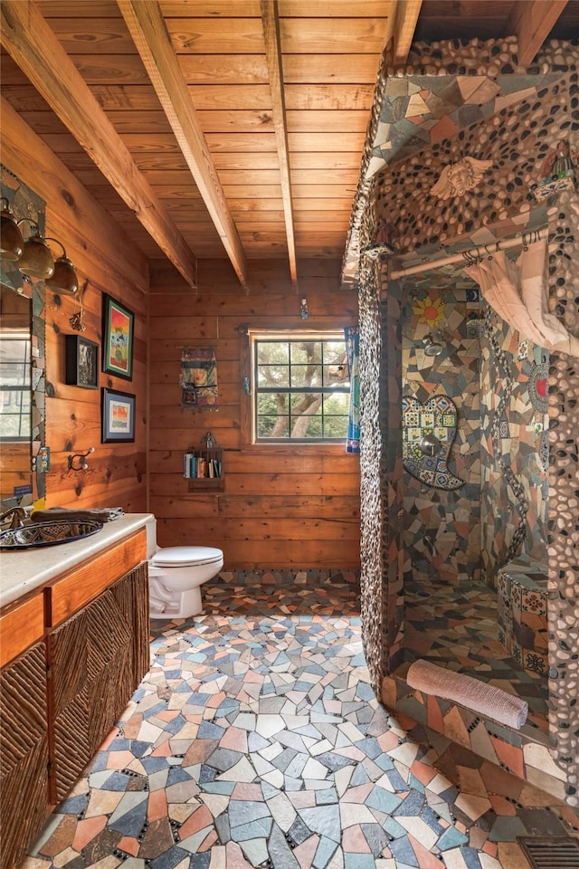 full bath featuring beam ceiling, toilet, wood ceiling, and a stall shower