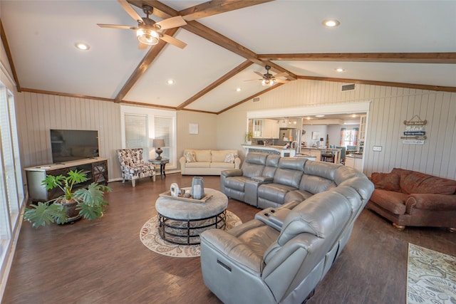 living room with vaulted ceiling with beams, a ceiling fan, recessed lighting, and dark wood-type flooring