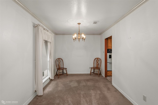 2007 Venus Dr, Bossier City, LA 71112 - unfurnished room featuring light colored carpet, visible vents, a chandelier, crown molding, and baseboards