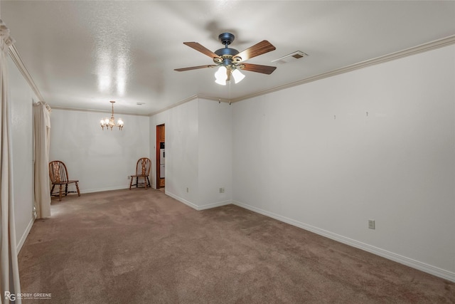 2007 Venus Dr, Bossier City, LA 71112 - carpeted empty room featuring baseboards, crown molding, visible vents, and ceiling fan with notable chandelier