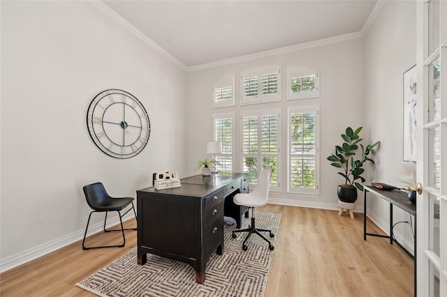 2110 Watercrest Ct, Keller, TX 76248 - office area featuring light wood finished floors, crown molding, and baseboards
