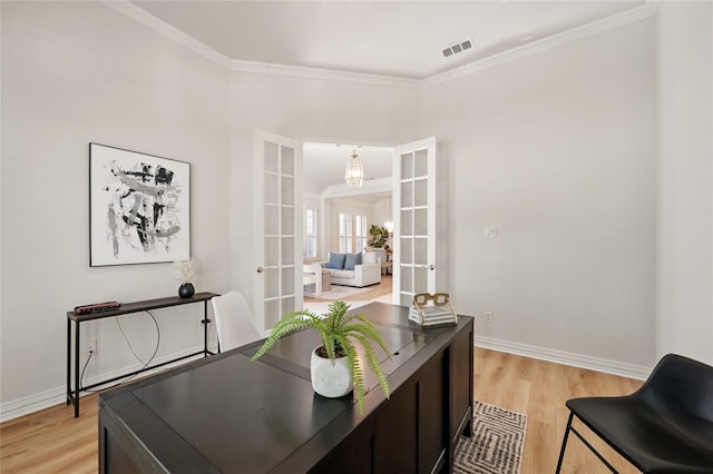 2110 Watercrest Ct, Keller, TX 76248 - office with french doors, light wood-style flooring, baseboards, visible vents, and ornamental molding