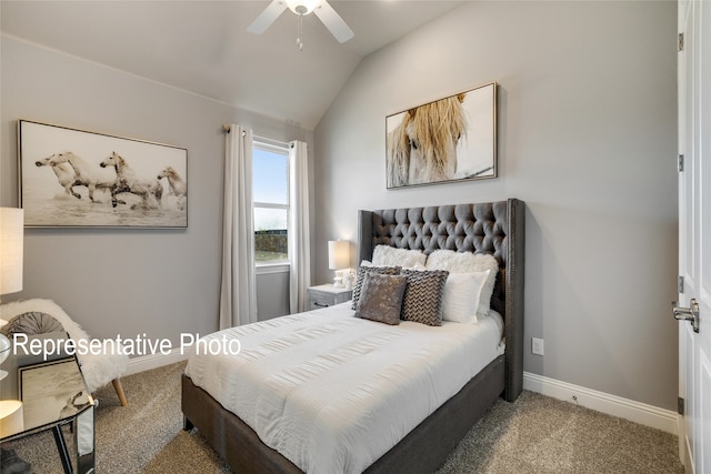 bedroom with baseboards, vaulted ceiling, ceiling fan, and carpet