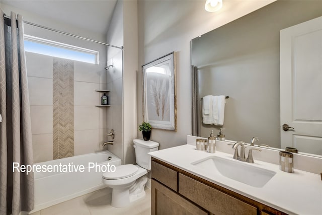 full bathroom featuring bathing tub / shower combination, vanity, and toilet