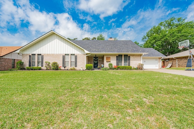 ranch-style home with brick siding and a front yard