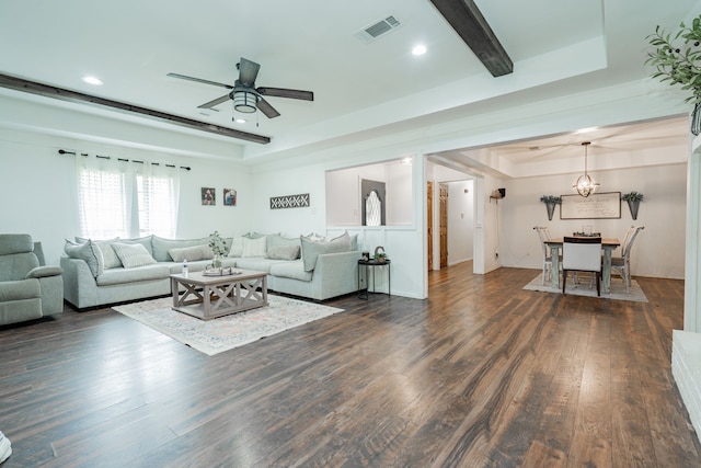 living room featuring recessed lighting, visible vents, a ceiling fan, and dark wood-style flooring