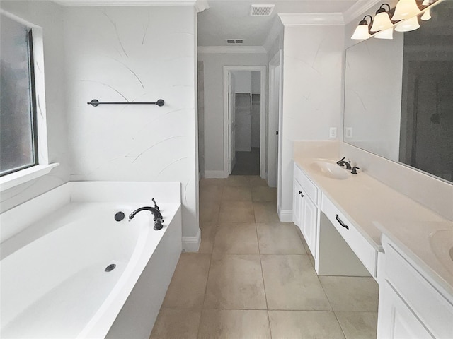 full bath with double vanity, visible vents, ornamental molding, a sink, and a bath