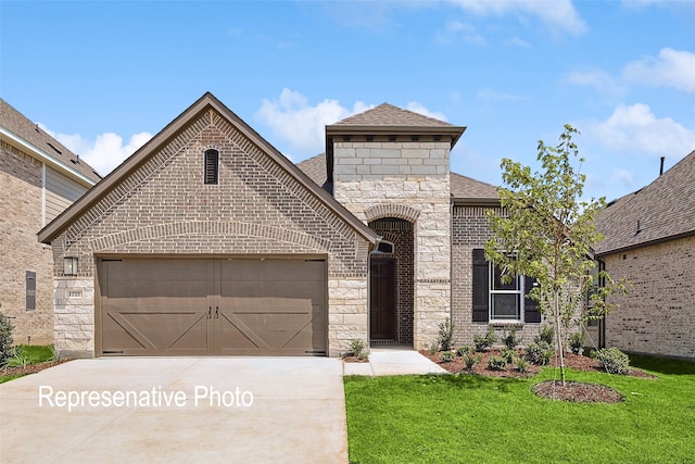 4933 Hitching Post Dr, Fort Worth, TX 76036 - view of front facade featuring a shingled roof, a front lawn, an attached garage, driveway, and stone siding