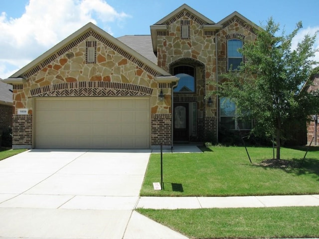 view of front of property with a garage, brick siding, a front lawn, concrete driveway, and stone siding