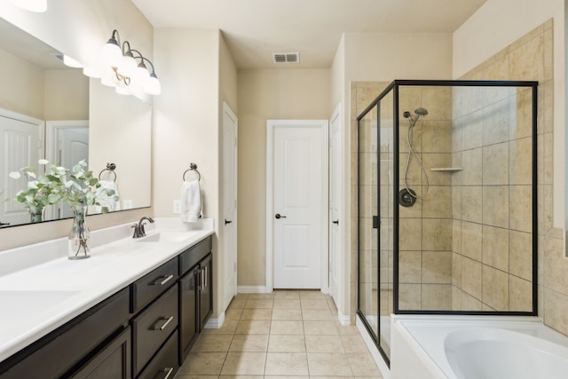 bathroom featuring visible vents, tile patterned flooring, double vanity, a sink, and a stall shower