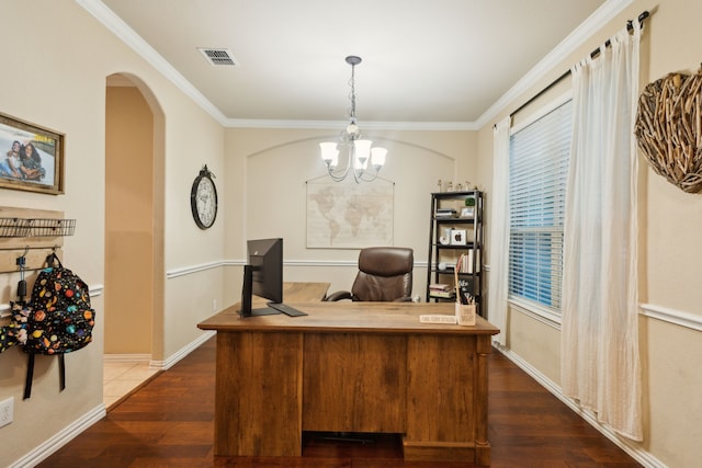 office area featuring crown molding, arched walkways, visible vents, and dark wood-style floors